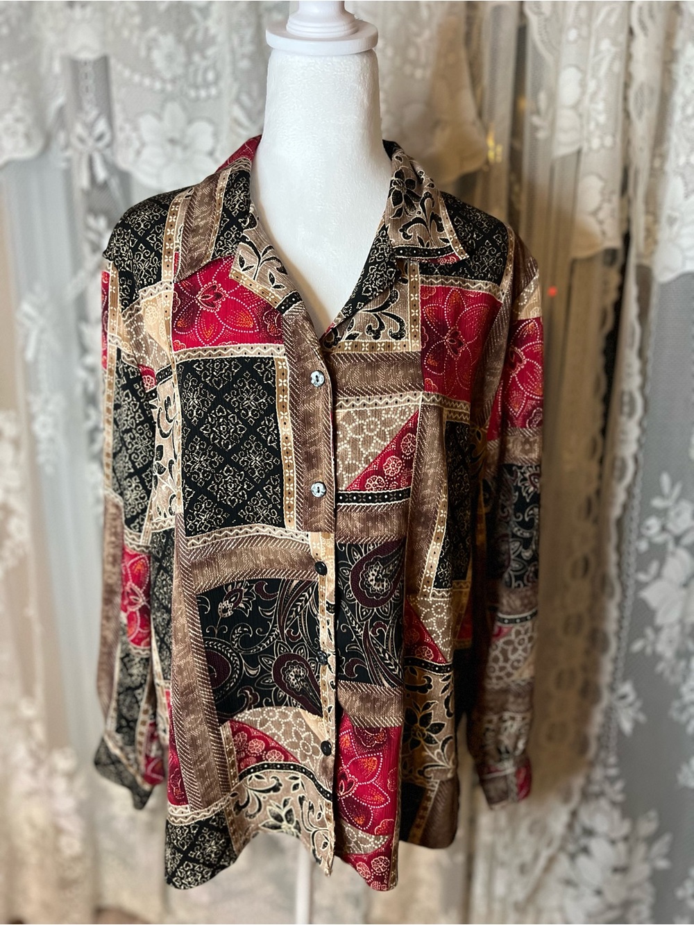 Alia Patchwork Button-Front Blouse in Red, Black & Brown